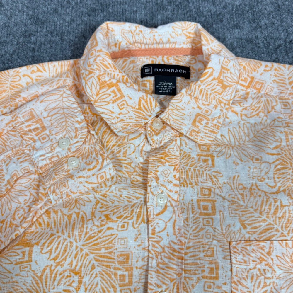 Bachrach Button Down Tropical Floral Mens L Orange Linen Cotton Blend Shirt EUC